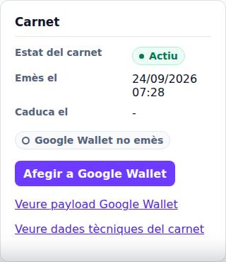 Bloc Carnet de la fitxa d'un soci amb l'estat, la validesa i els botons de Wallet