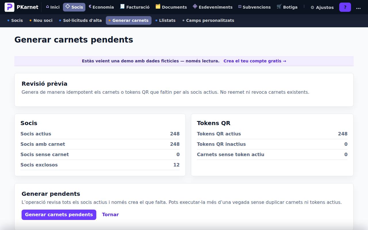 Pantalla Generar carnets pendents amb el resum de socis amb carnet, sense carnet i exclosos