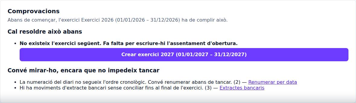 Passa «Comprovacions» de l'assistent de tancament, amb el que bloqueja i els avisos