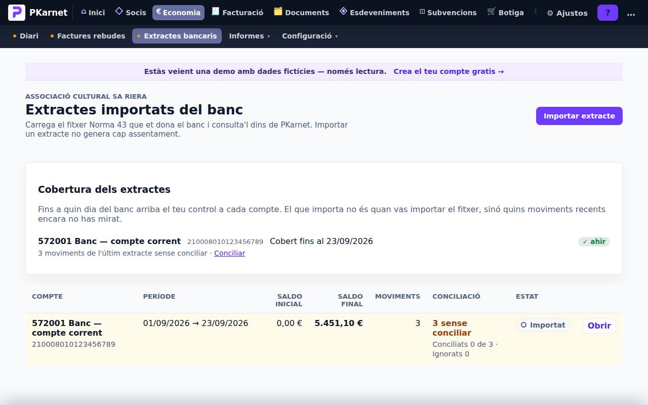 Pantalla «Extractes bancaris» del tauler de PKarnet, amb dades de la demo