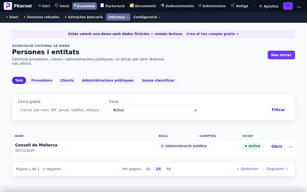 Pantalla «Tercers» del tauler de PKarnet, amb dades de la demo