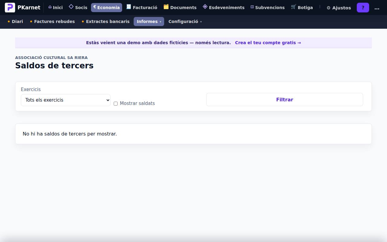 Pantalla «Saldos de tercers» del tauler de PKarnet, amb dades de la demo
