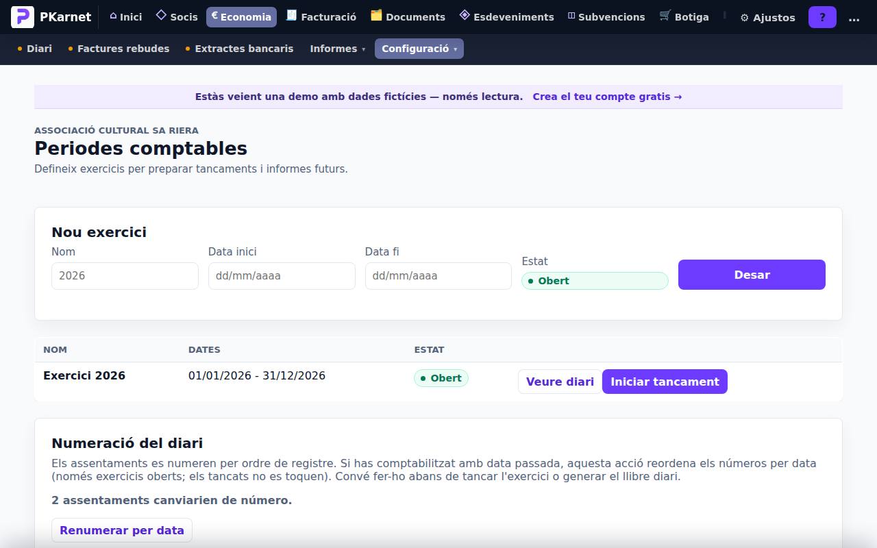 Pantalla «Obertura i tancament» del tauler de PKarnet, amb dades de la demo