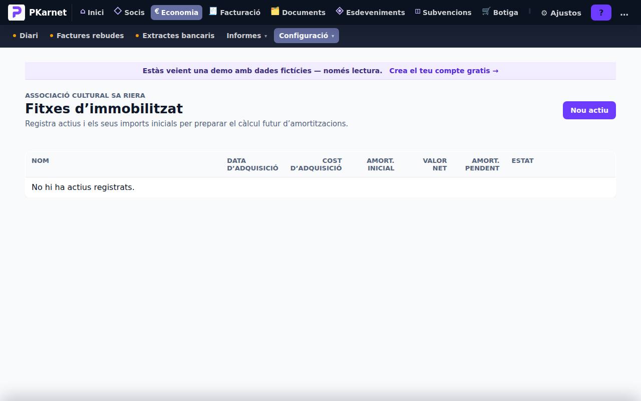 Pantalla «Immobilitzat» del tauler de PKarnet, amb dades de la demo