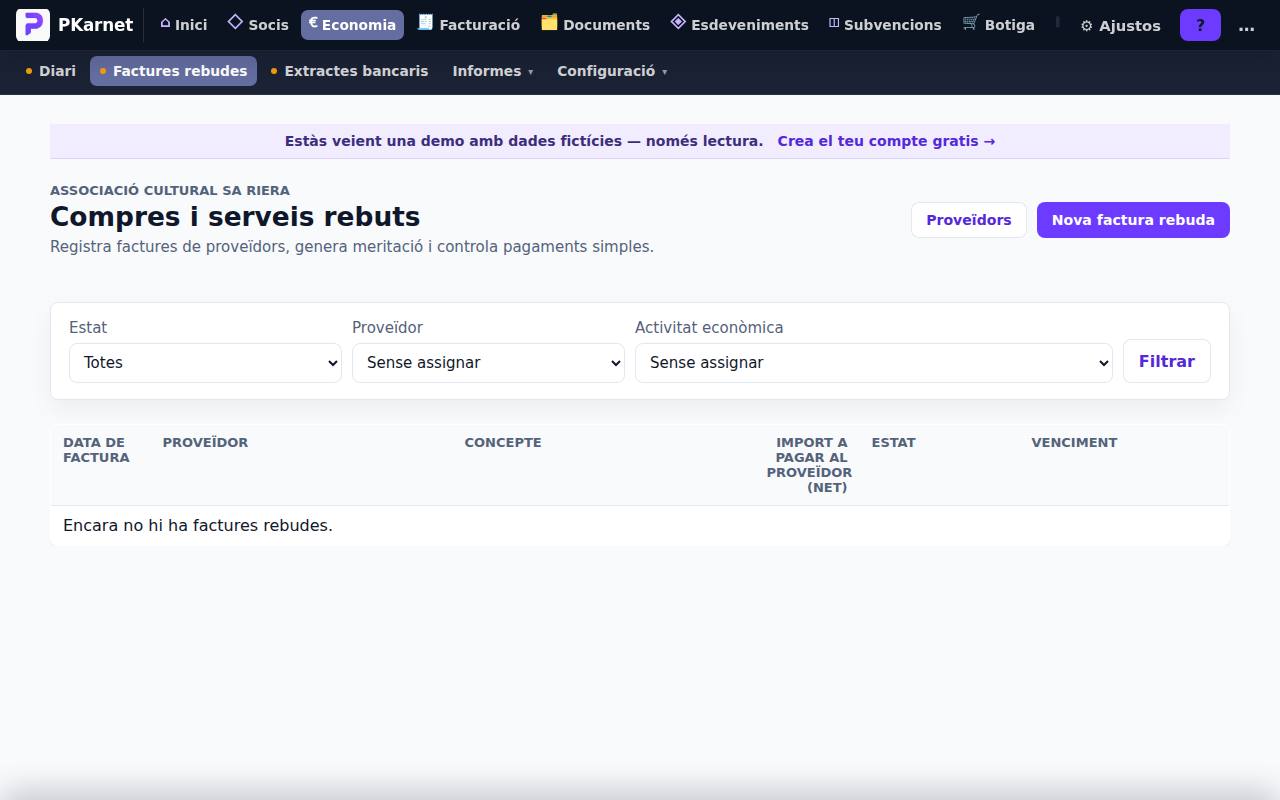 Pantalla «Factures rebudes» del tauler de PKarnet, amb dades de la demo