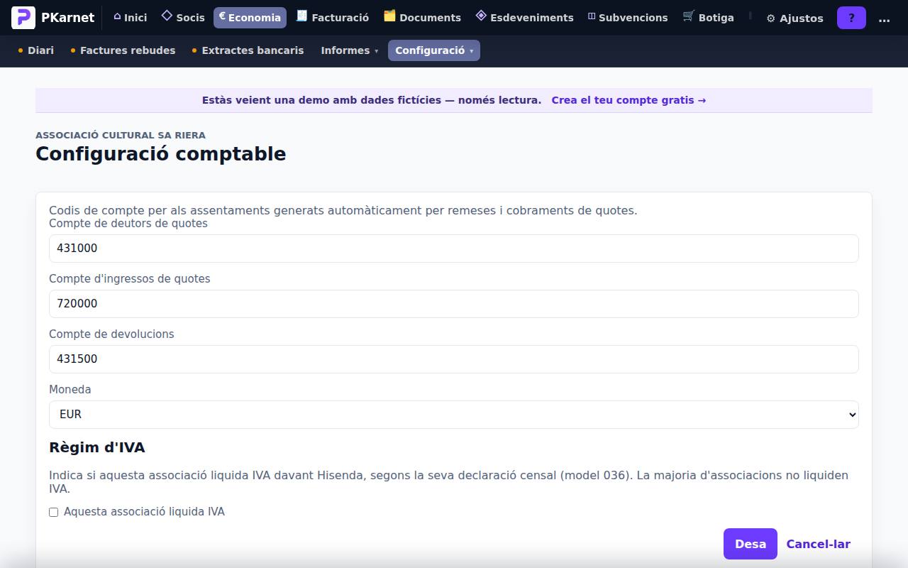 Pantalla «Paràmetres comptables» del tauler de PKarnet, amb dades de la demo