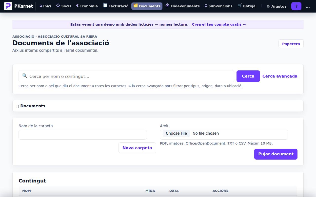 Pantalla «Documents» del tauler de PKarnet, amb dades de la demo