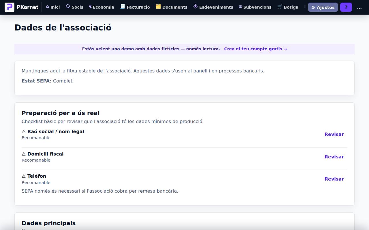 Pantalla «Associació» del tauler de PKarnet, amb dades de la demo
