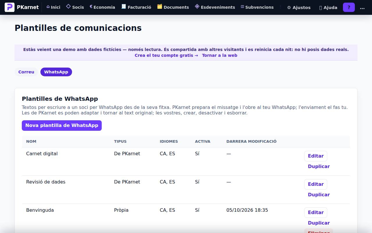Pantalla «Plantilles de WhatsApp» del tauler de PKarnet, amb dades de la demo