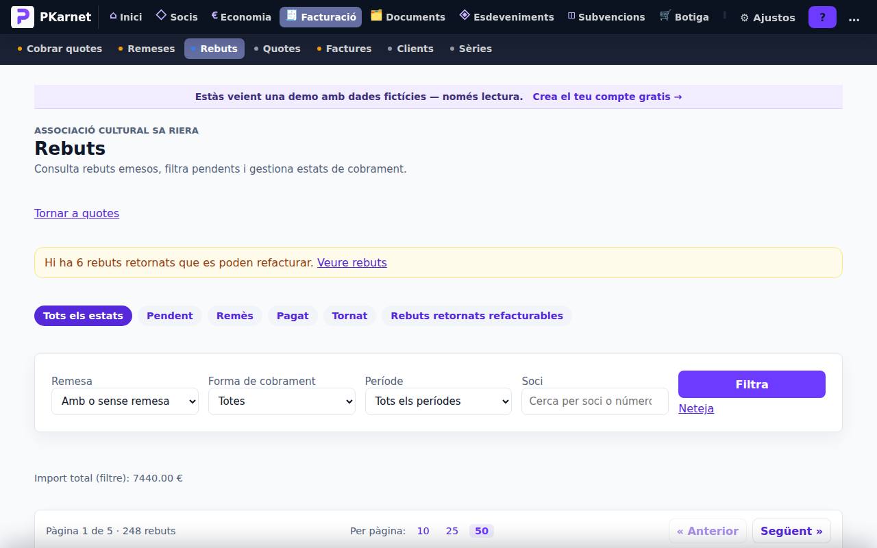 Pantalla «Rebuts» del tauler de PKarnet, amb dades de la demo