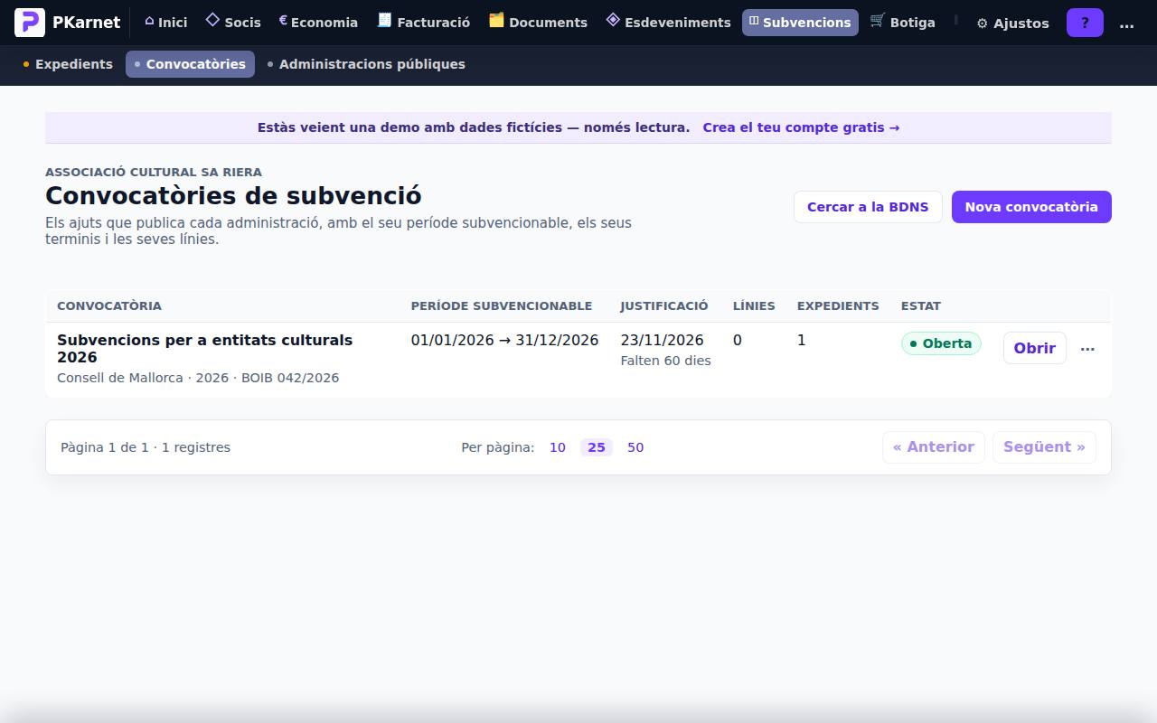 Pantalla «Convocatòries» del tauler de PKarnet, amb dades de la demo