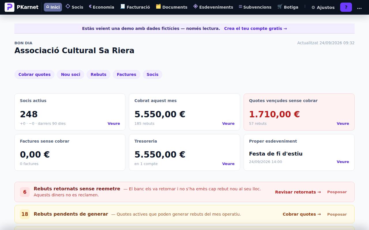 Pantalla «Inici» del tauler de PKarnet, amb dades de la demo