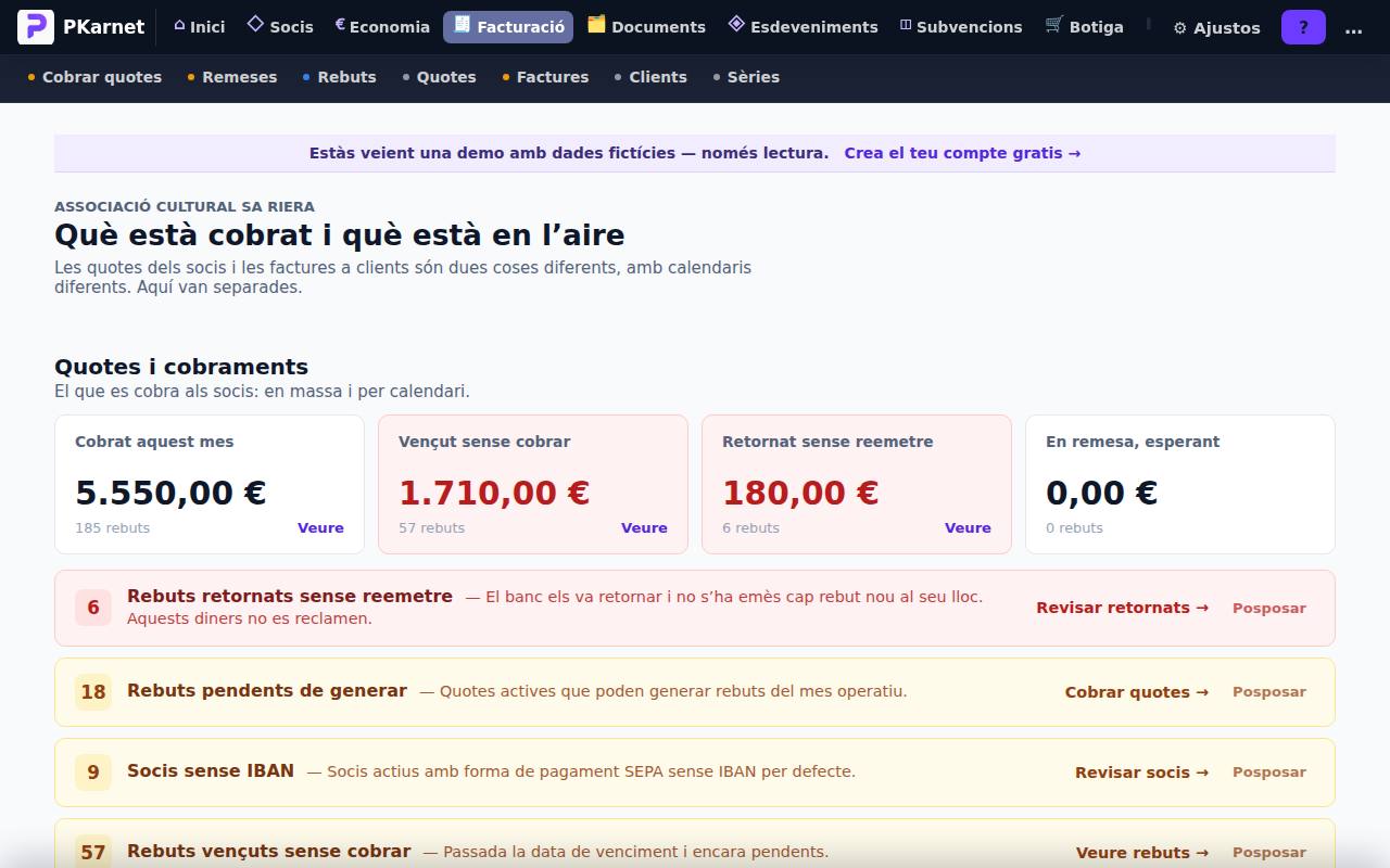 Pantalla «Facturació» del tauler de PKarnet, amb dades de la demo