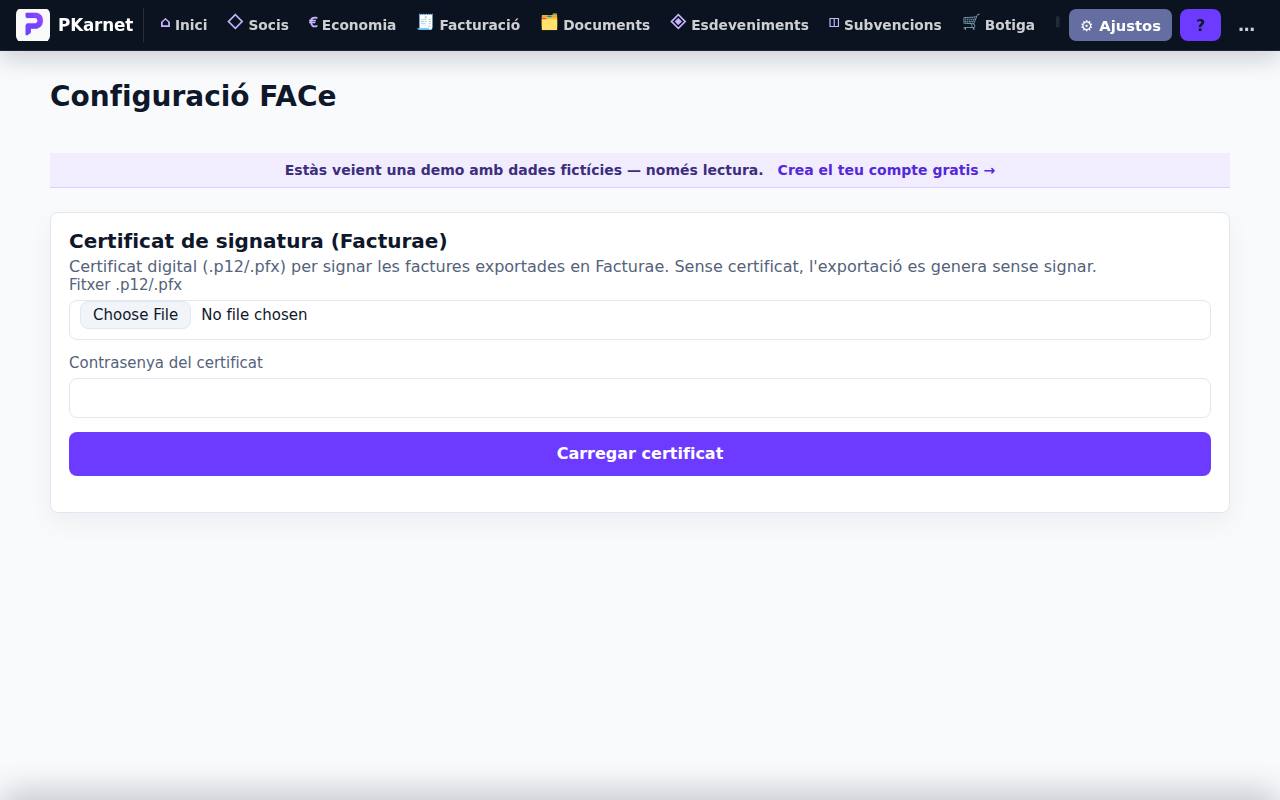 Pantalla «Configuració FACe» del tauler de PKarnet, amb dades de la demo