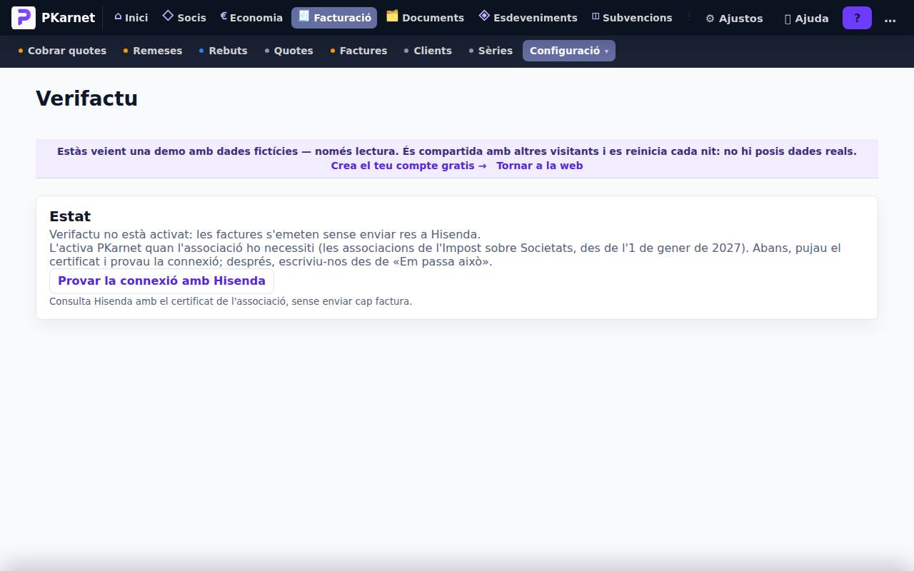 Pantalla «Verifactu» del tauler de PKarnet, amb dades de la demo