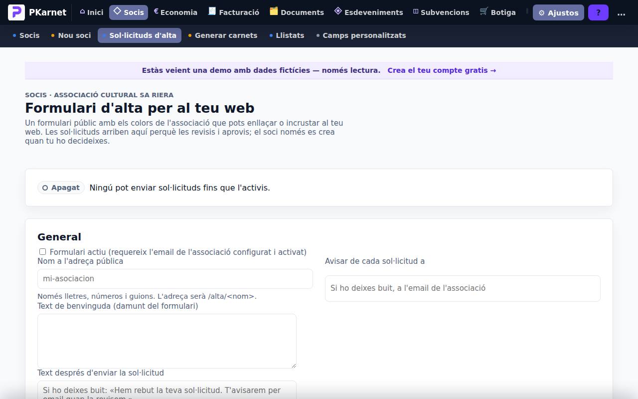 Pantalla «Alta des del web» del tauler de PKarnet, amb dades de la demo