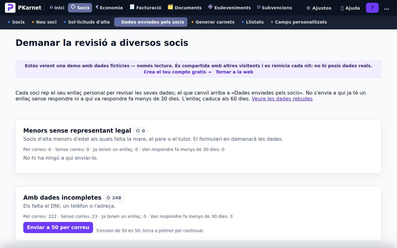 Pantalla «Demanar la revisió a diversos socis» del tauler de PKarnet, amb dades de la demo