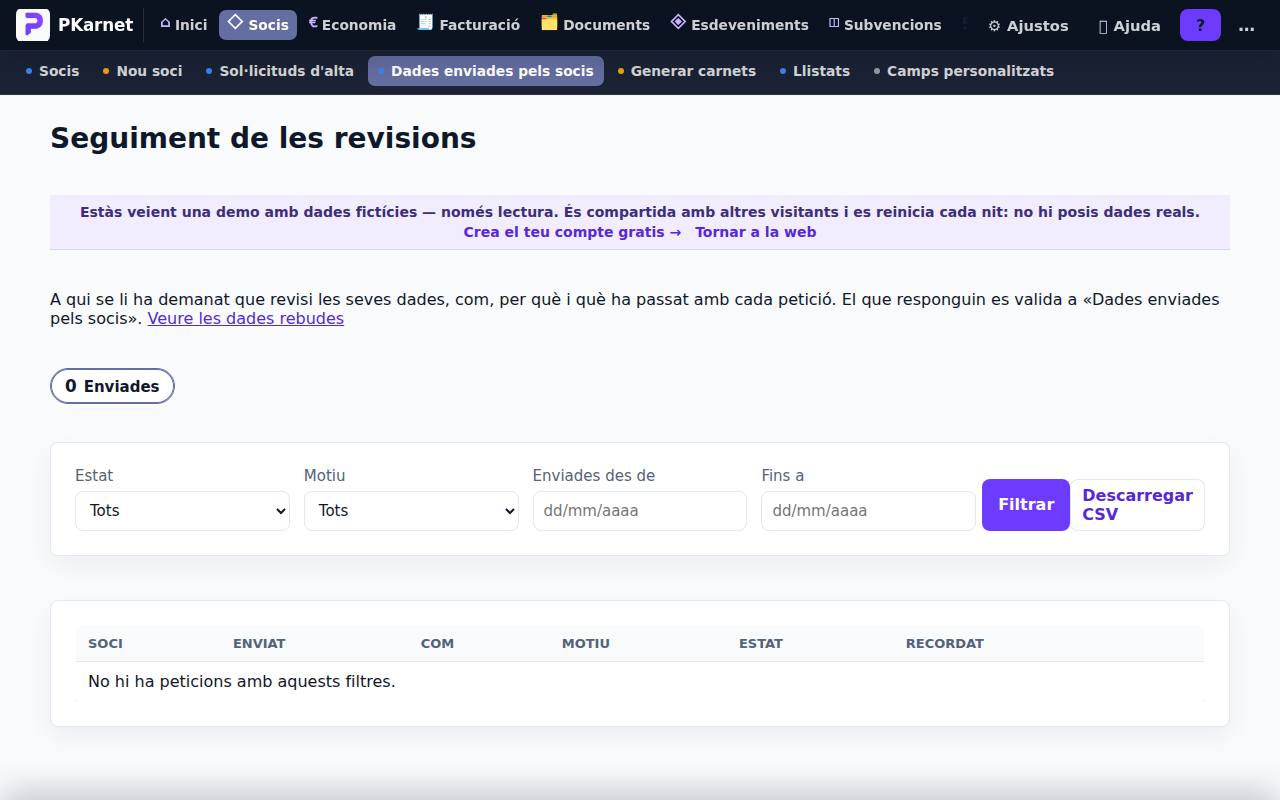 Pantalla «Seguiment de les revisions» del tauler de PKarnet, amb dades de la demo