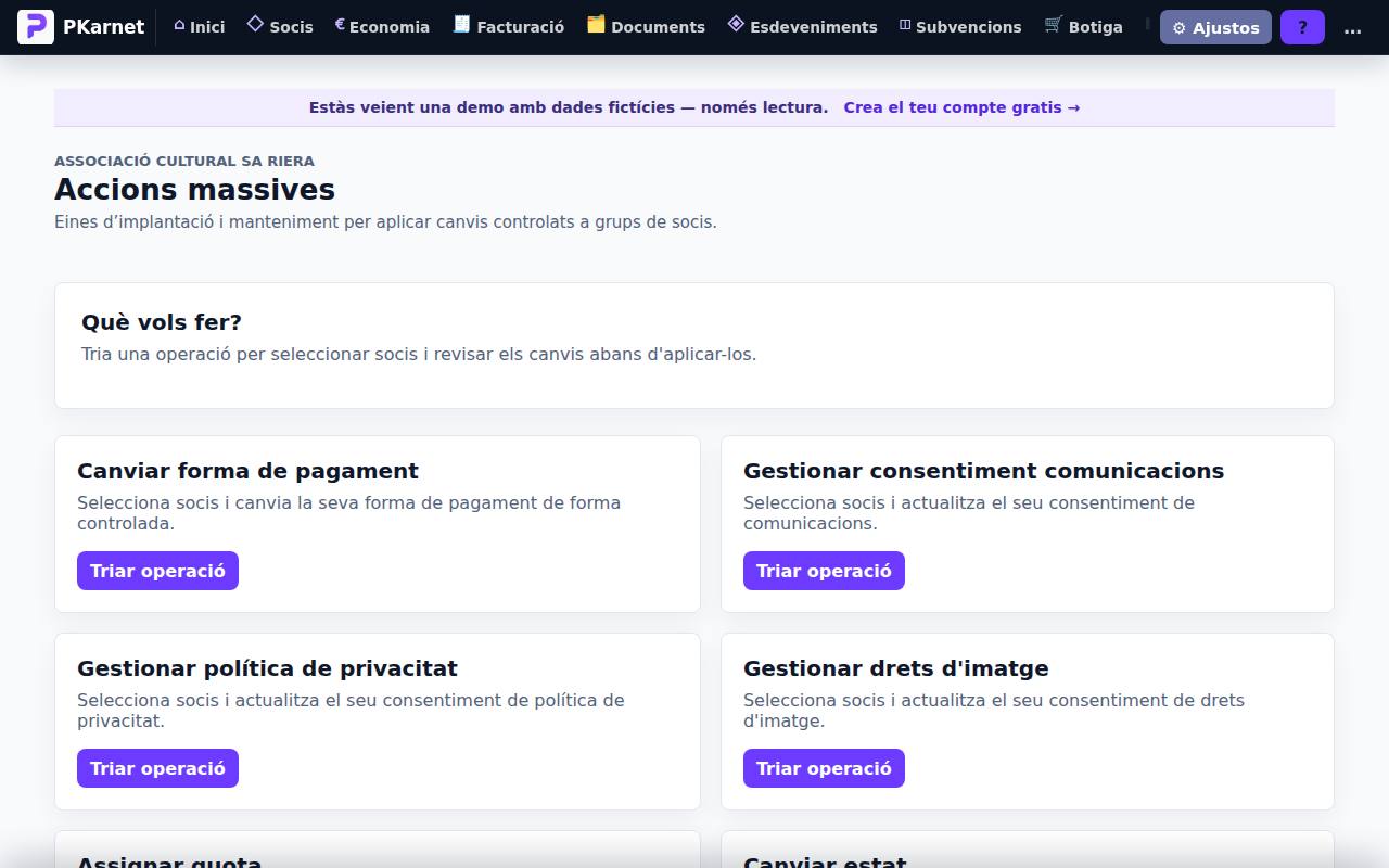 Pantalla «Accions massives» del tauler de PKarnet, amb dades de la demo