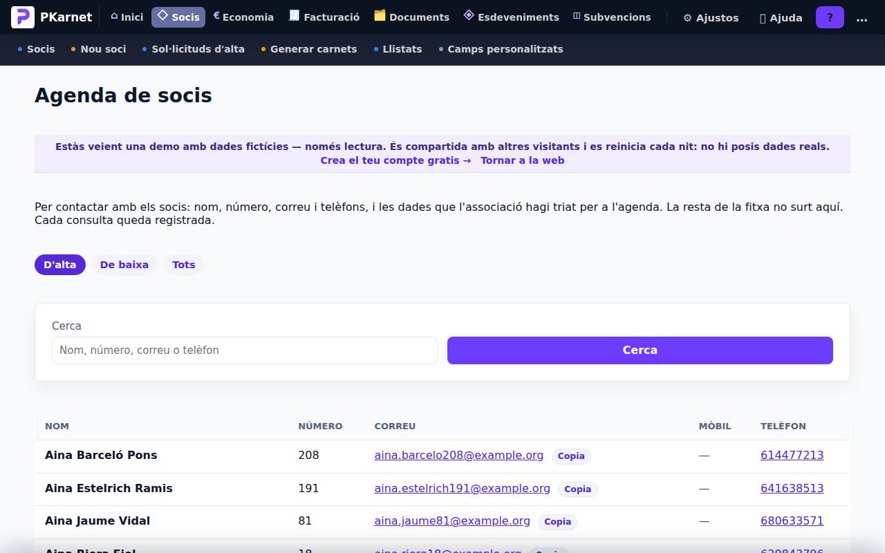 Pantalla «Agenda de socis» del tauler de PKarnet, amb dades de la demo