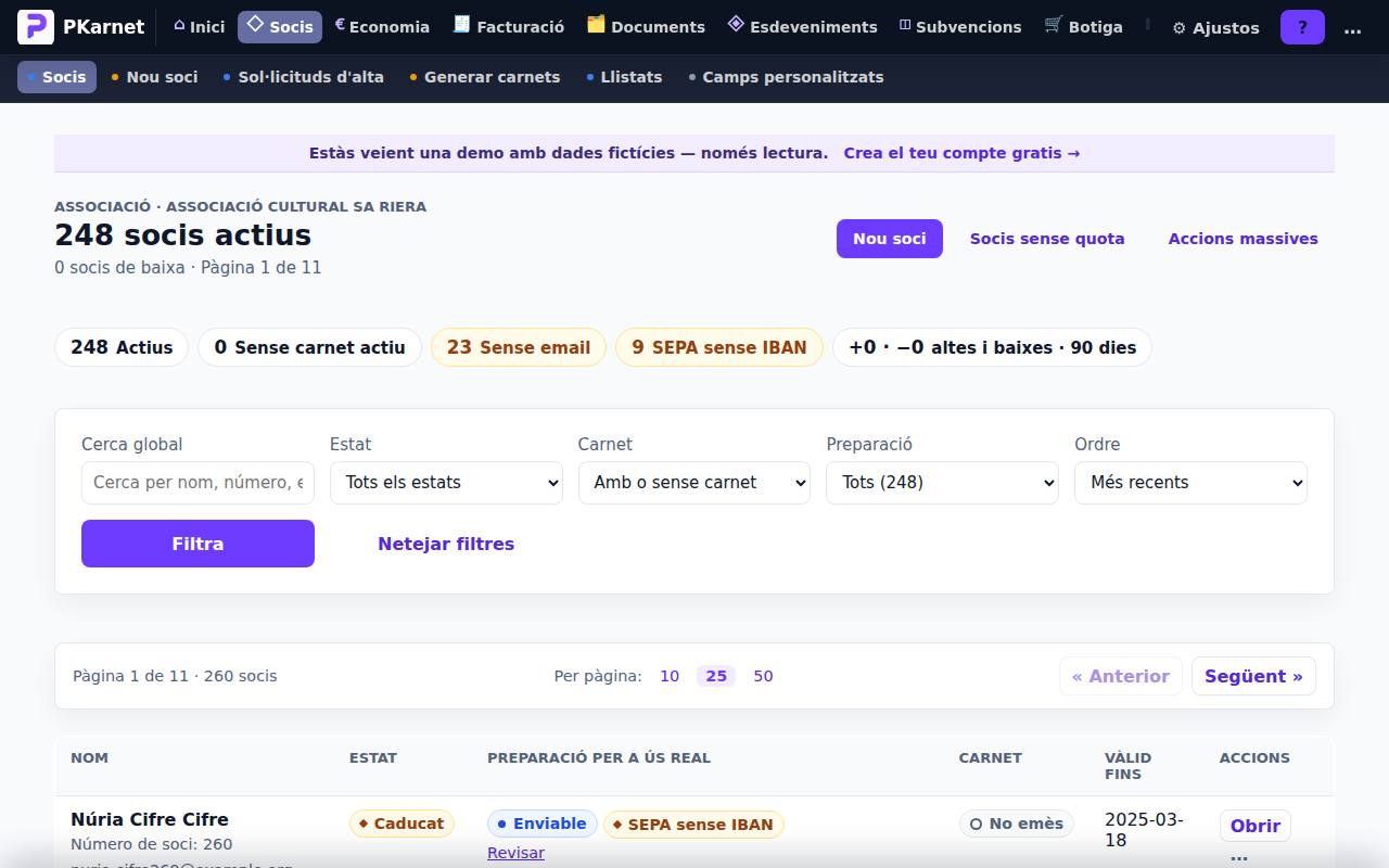 Pantalla «Socis» del tauler de PKarnet, amb dades de la demo
