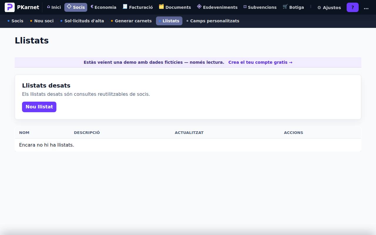 Pantalla «Llistats» del tauler de PKarnet, amb dades de la demo