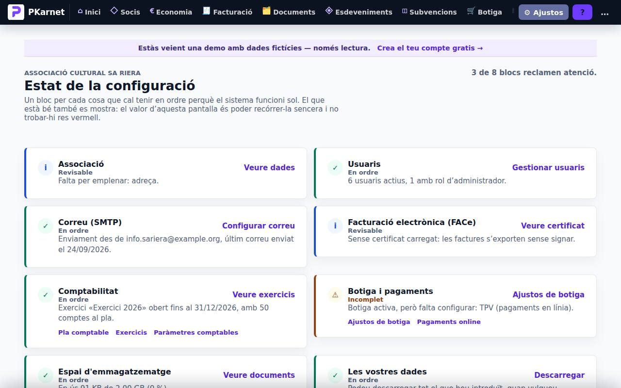 Pantalla «Estat de la configuració» del tauler de PKarnet, amb dades de la demo