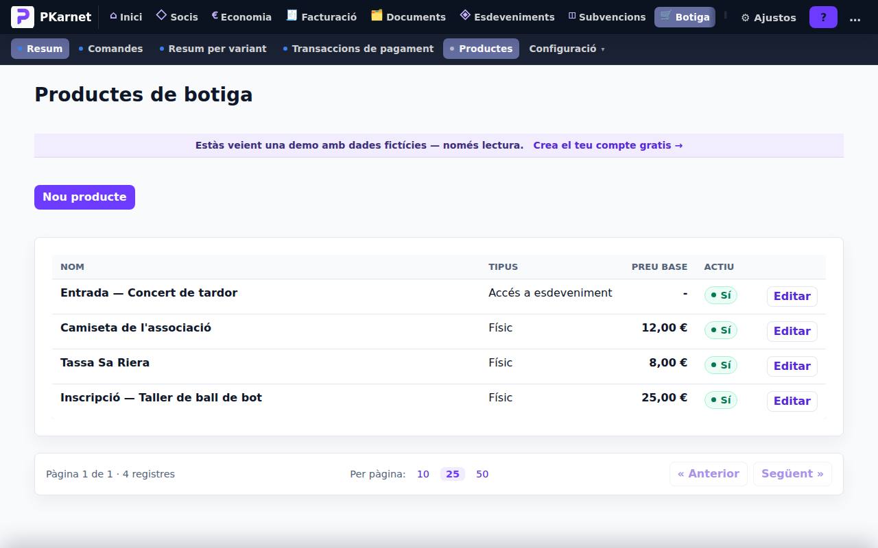 Pantalla «Productes de botiga» del tauler de PKarnet, amb dades de la demo