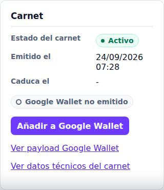 Bloque Carnet de la ficha de un socio con el estado, la validez y los botones de Wallet