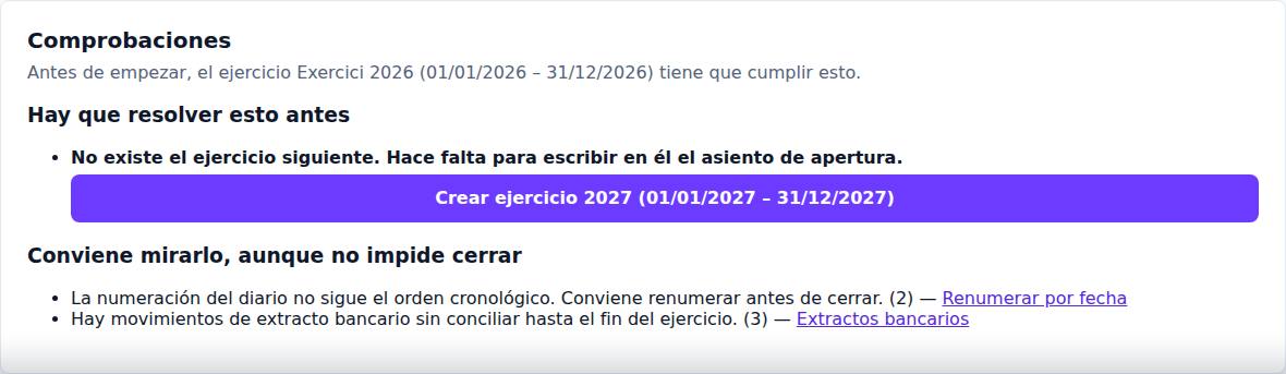 Paso «Comprobaciones» del asistente de cierre, con lo que bloquea y los avisos