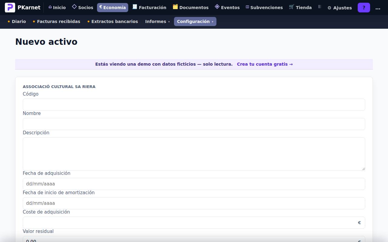 Formulario «Nuevo activo» de Inmovilizado con el coste, las cuentas y el porcentaje o los años de vida útil