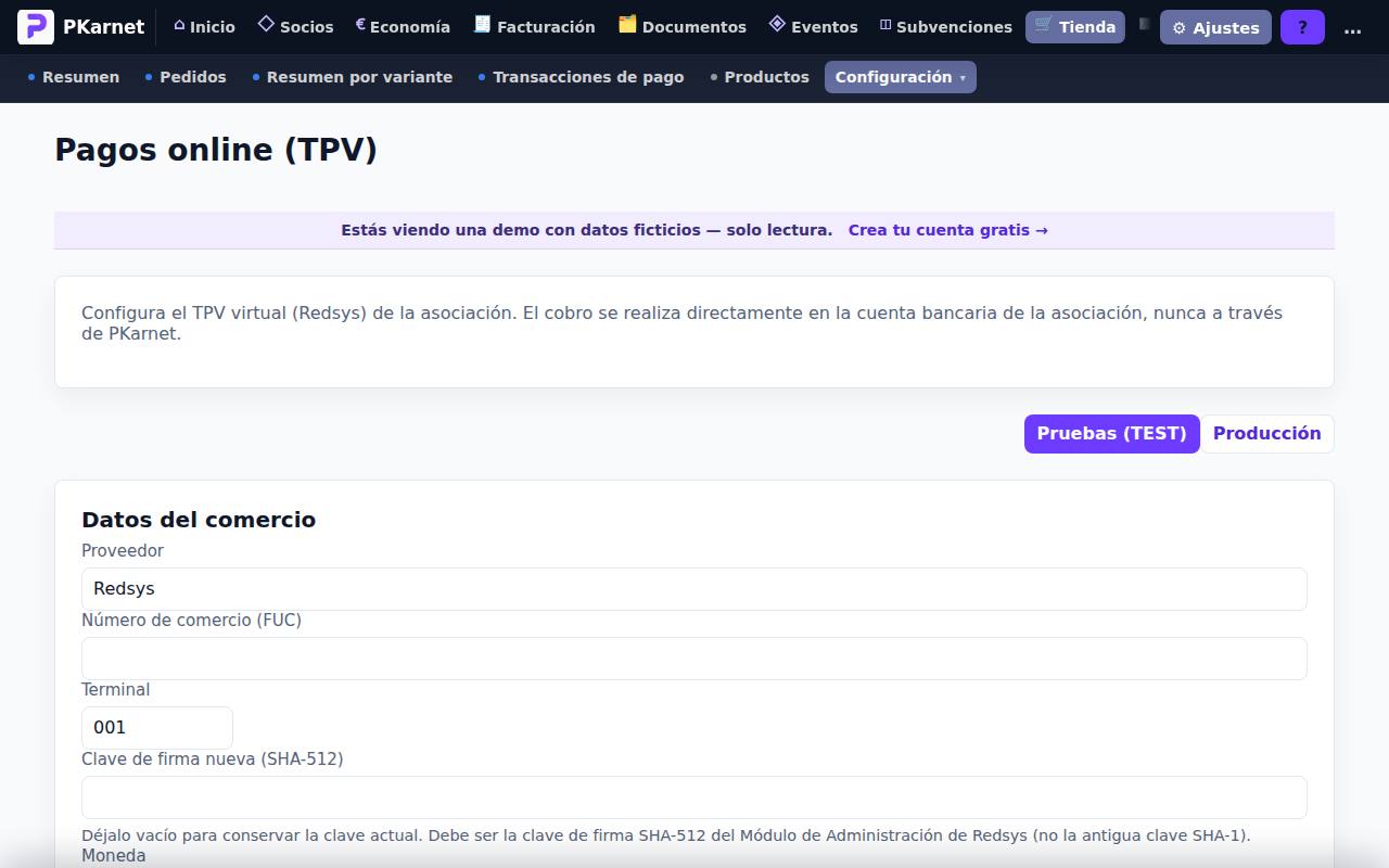 Pantalla Pagos online con los datos del comercio, el entorno y la comisión bancaria