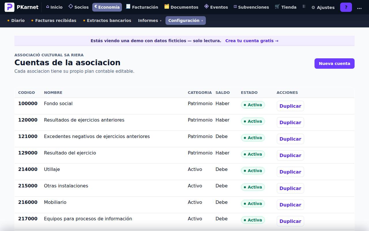 Pantalla «Plan contable» del panel de PKarnet, con datos de la demo