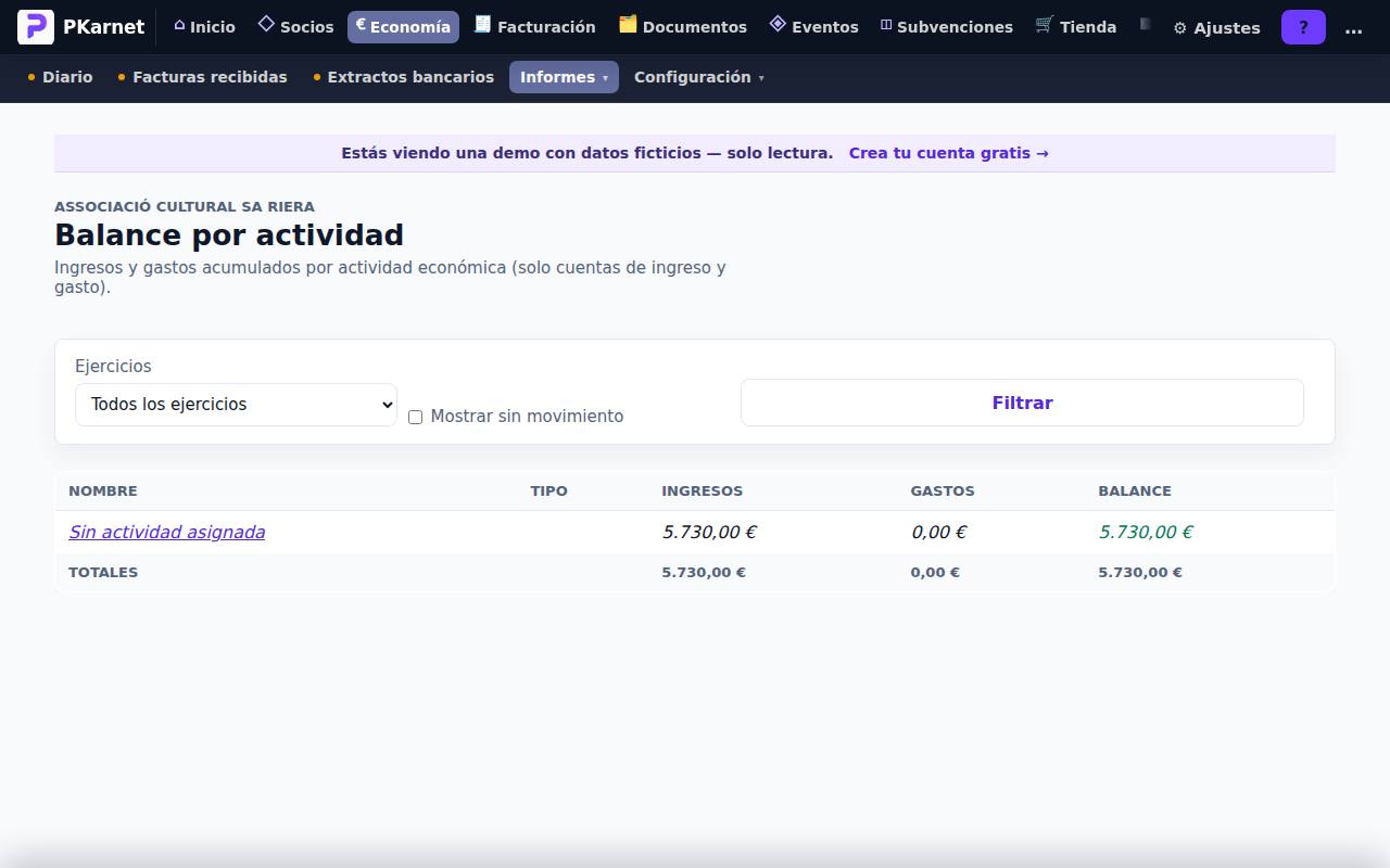 Pantalla «Balance por actividad» del panel de PKarnet, con datos de la demo