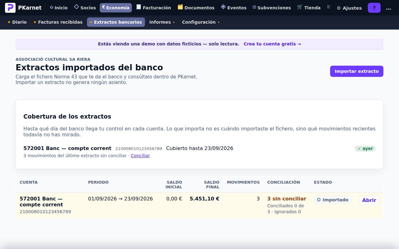 Pantalla «Extractos bancarios» del panel de PKarnet, con datos de la demo