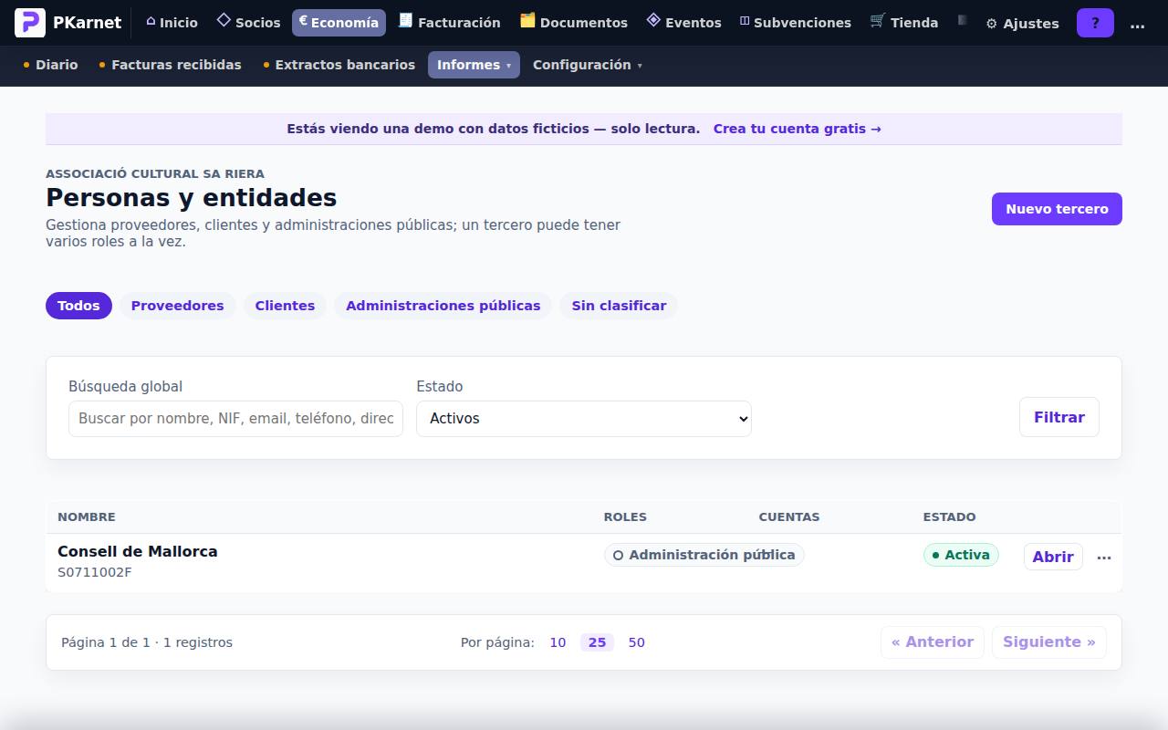 Pantalla «Terceros» del panel de PKarnet, con datos de la demo