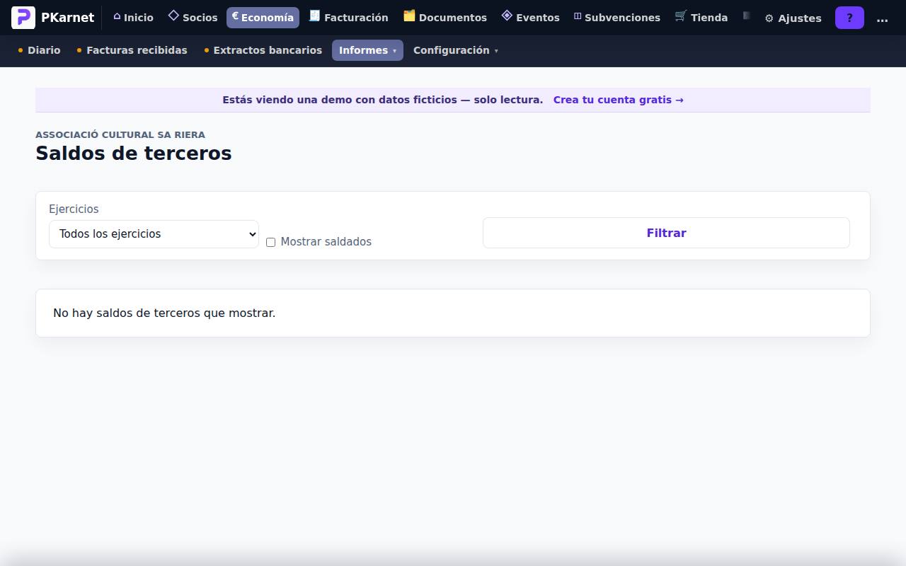 Pantalla «Saldos de terceros» del panel de PKarnet, con datos de la demo