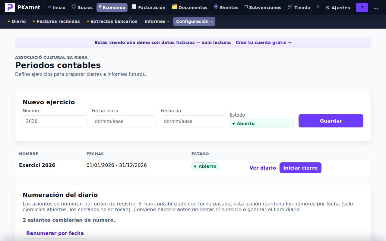 Pantalla «Apertura y cierre» del panel de PKarnet, con datos de la demo