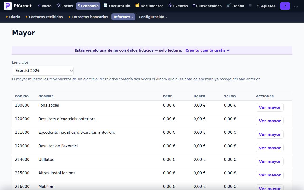Pantalla «Mayor» del panel de PKarnet, con datos de la demo