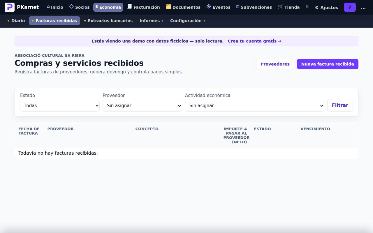 Pantalla «Facturas recibidas» del panel de PKarnet, con datos de la demo