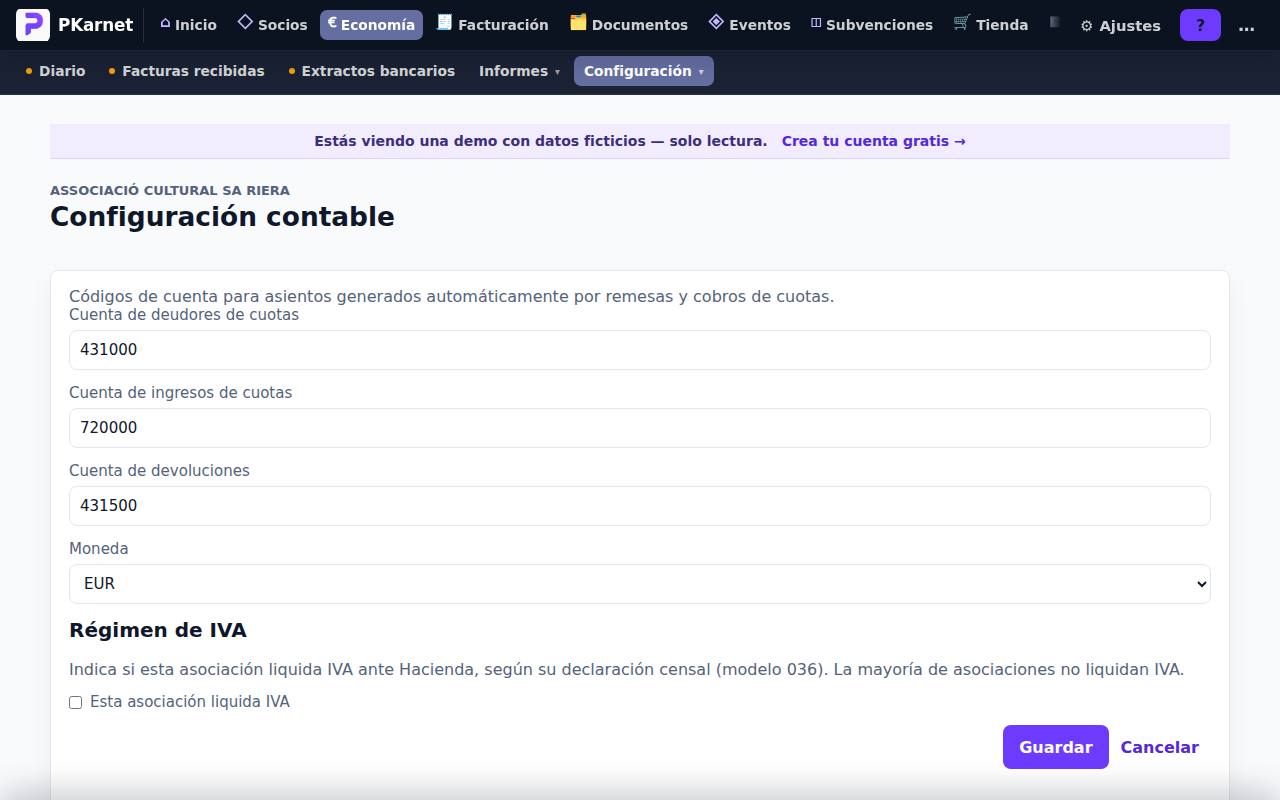Pantalla «Parámetros contables» del panel de PKarnet, con datos de la demo