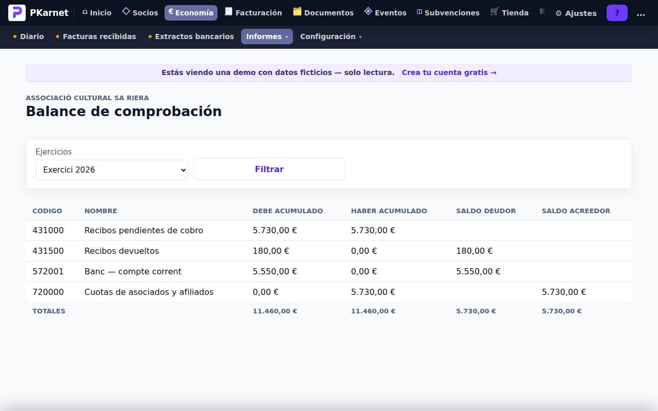 Pantalla «Balance de comprobación» del panel de PKarnet, con datos de la demo