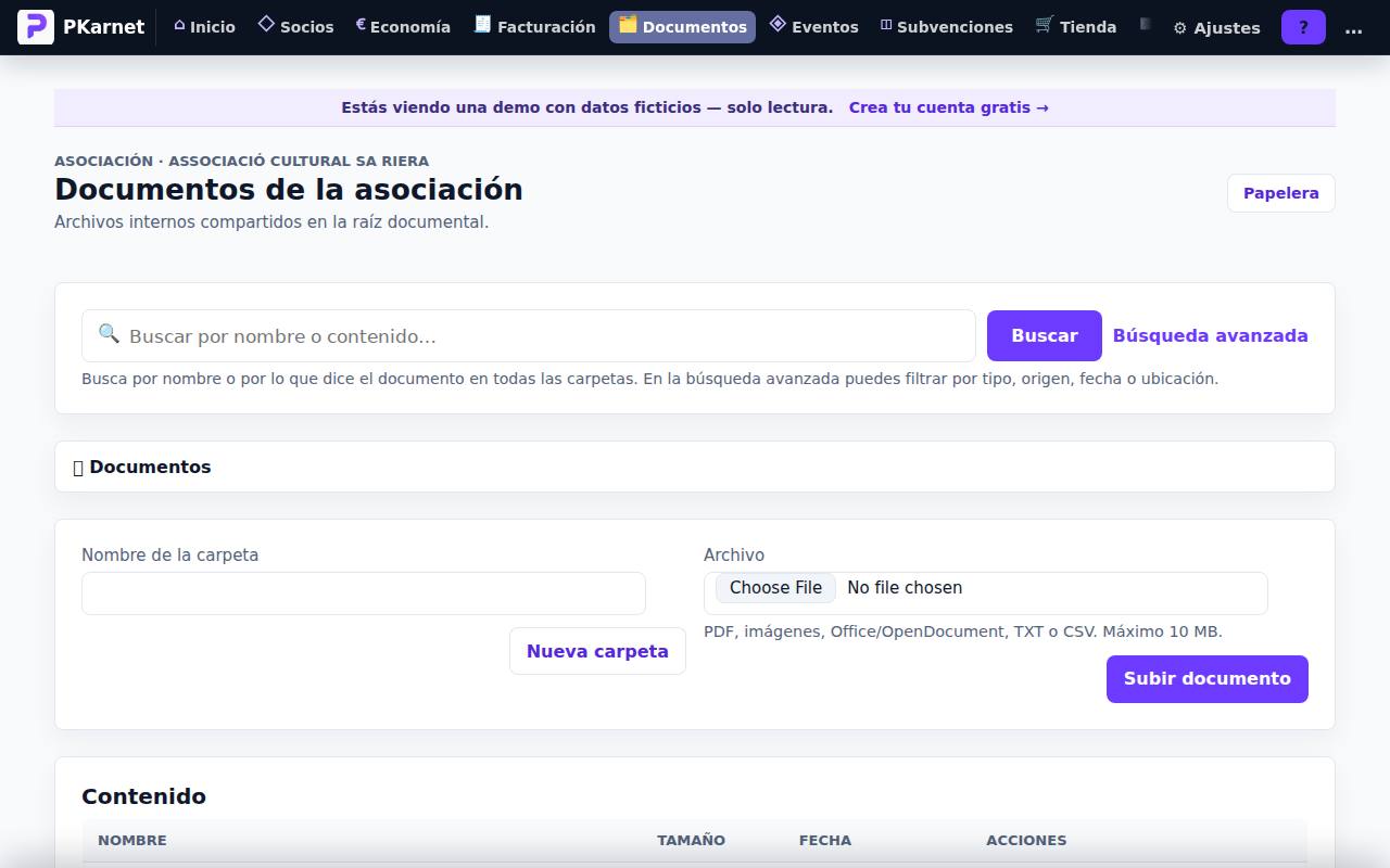 Pantalla «Documentos» del panel de PKarnet, con datos de la demo