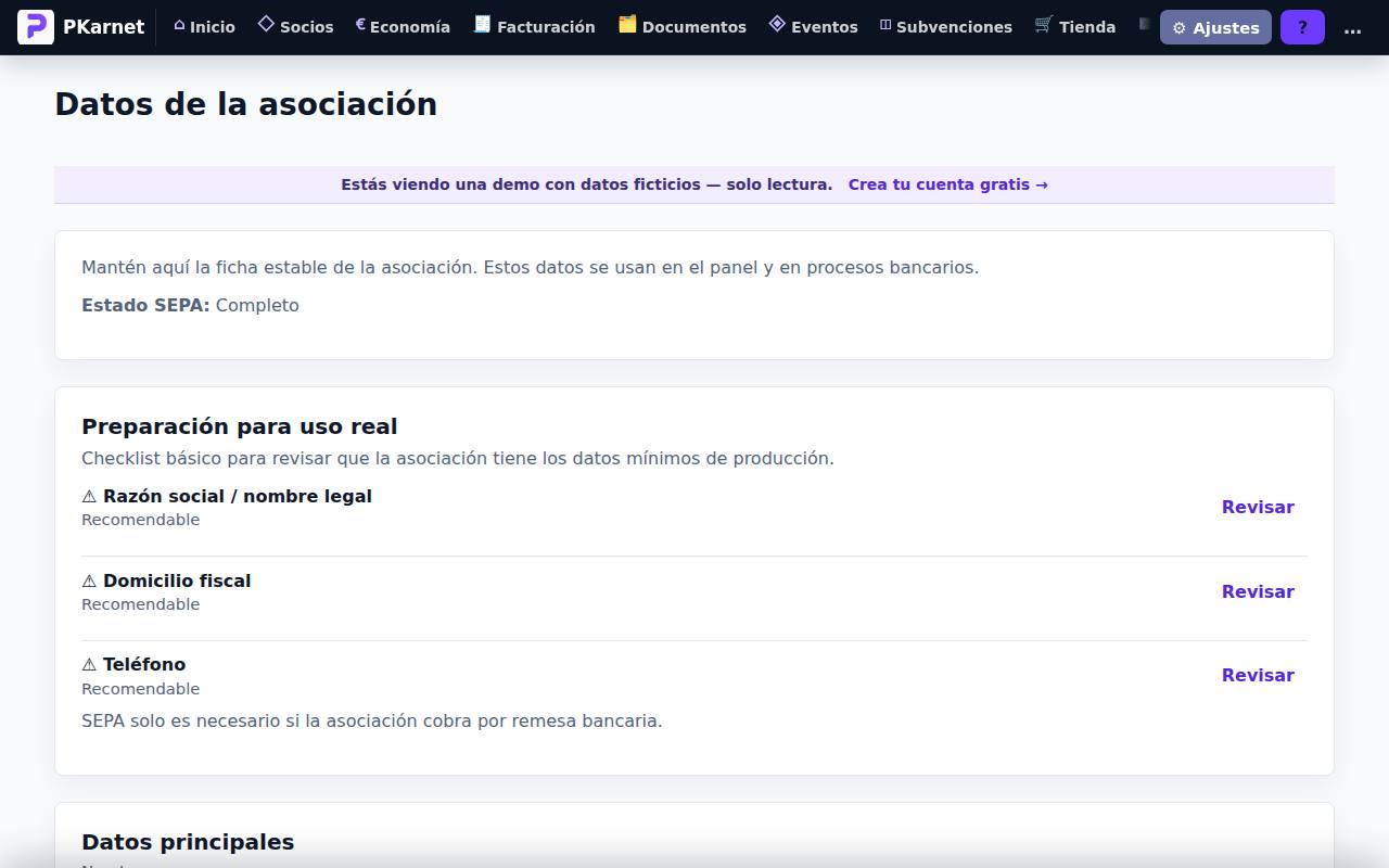 Pantalla «Asociación» del panel de PKarnet, con datos de la demo