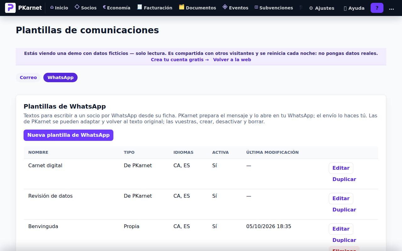 Pantalla «Plantillas de WhatsApp» del panel de PKarnet, con datos de la demo