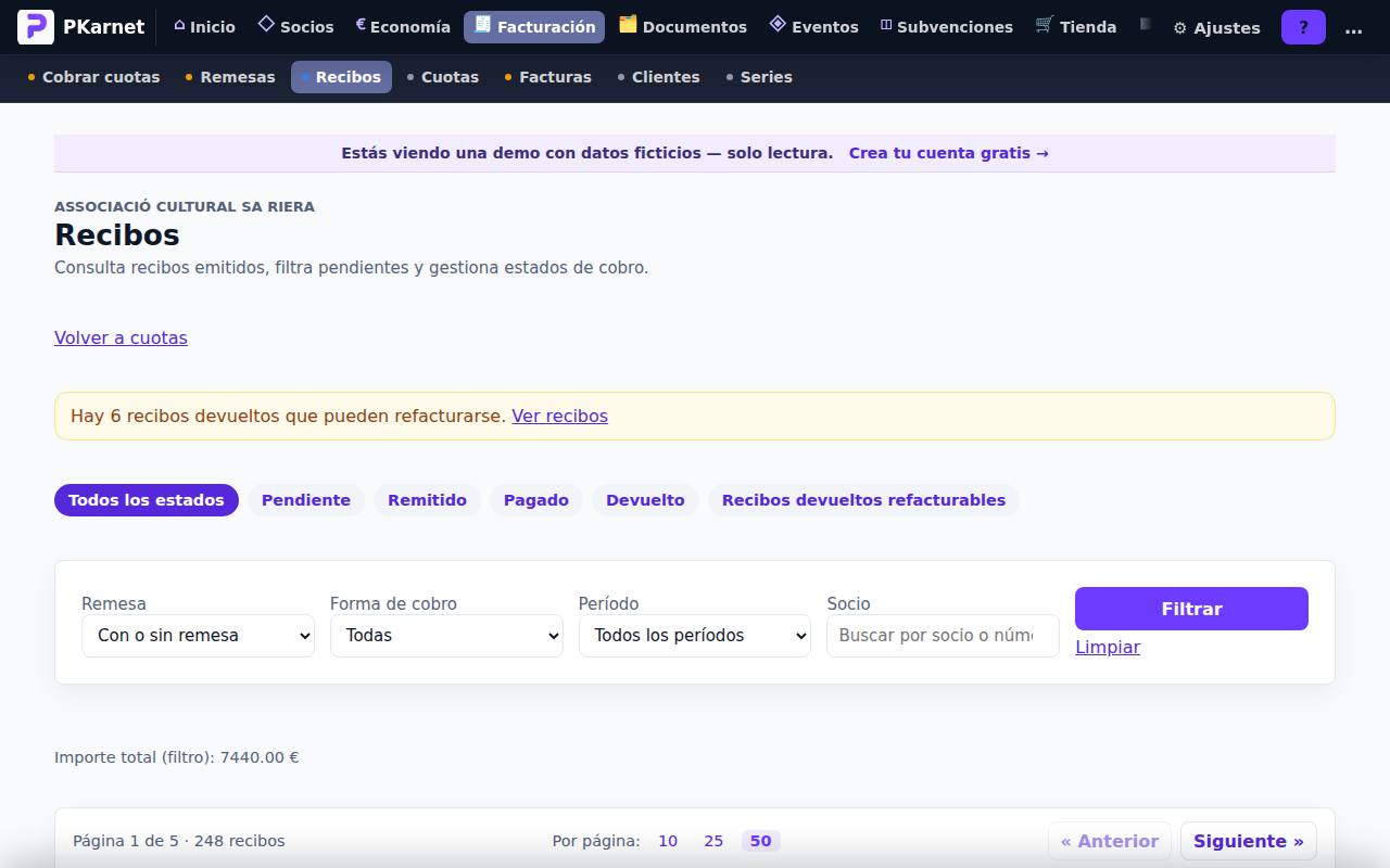 Pantalla «Recibos» del panel de PKarnet, con datos de la demo
