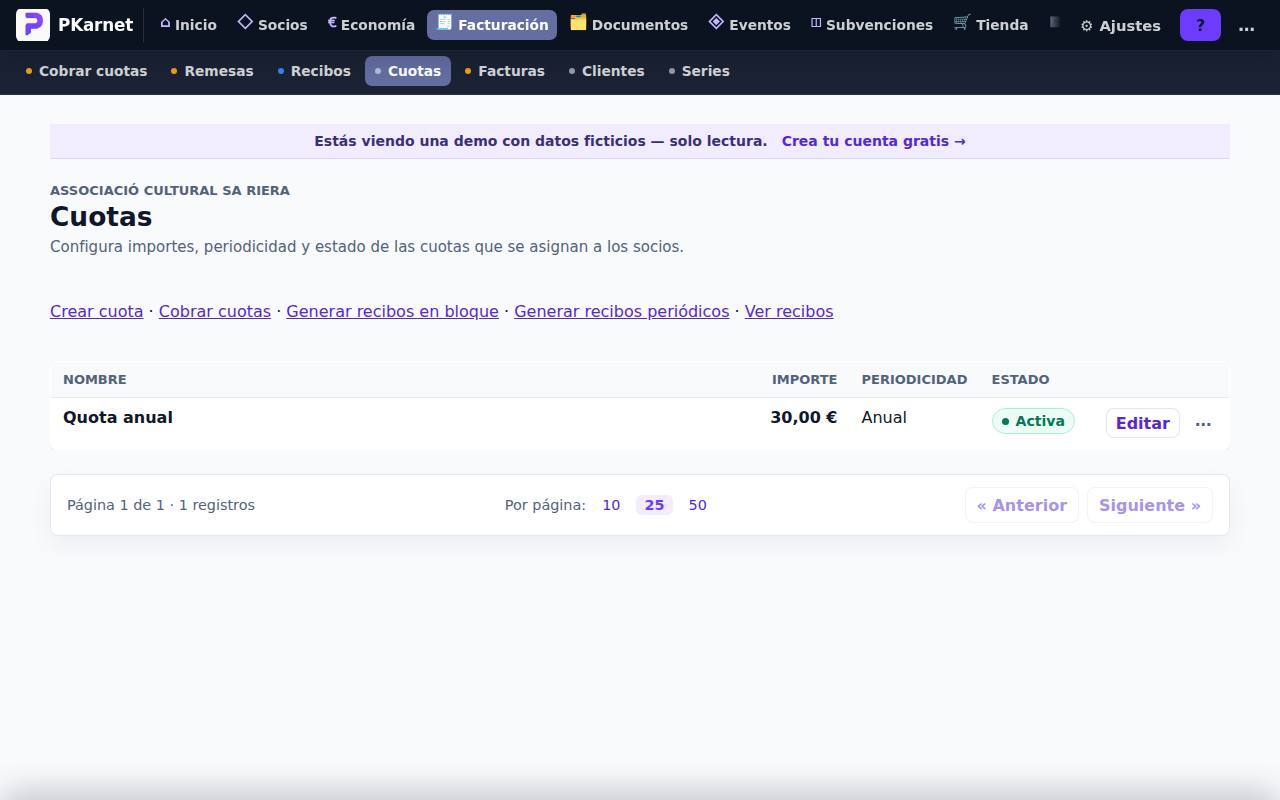 Pantalla «Cuotas» del panel de PKarnet, con datos de la demo