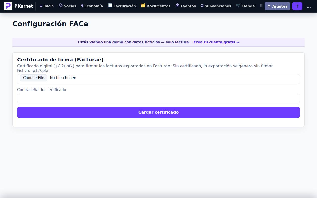 Pantalla «Configuración FACe» del panel de PKarnet, con datos de la demo