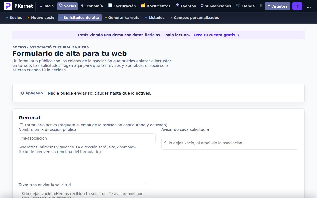 Pantalla «Alta desde la web» del panel de PKarnet, con datos de la demo