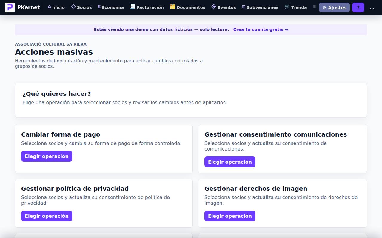 Pantalla «Acciones masivas» del panel de PKarnet, con datos de la demo